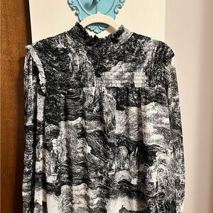 SALE Elan Black and White Ruffled Blouse with Mandarin Collar